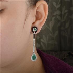 18K White Gold Emerald And Blue Sapphire Onyx Dangal Earring